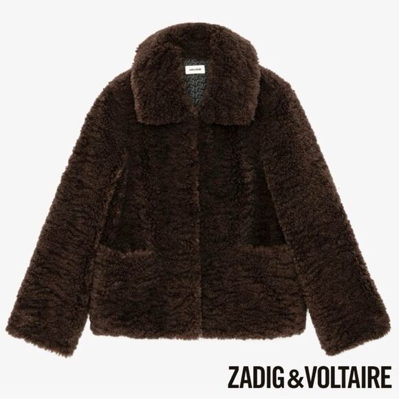 $548 Zadig & Voltaire **NWT w Small Flaw, Fred Soft Curly Sherpa Coat Brown XS - Picture 4 of 15